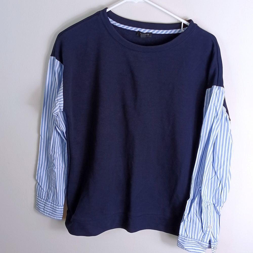 Talbots Mixed Media Sweatshirt Womens M Navy Blue Excellent Striped Sleeves